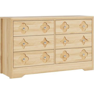 Beige 47" Wide Rattan 6-Drawer Bedroom Dresser, Wooden Large Storage Chest