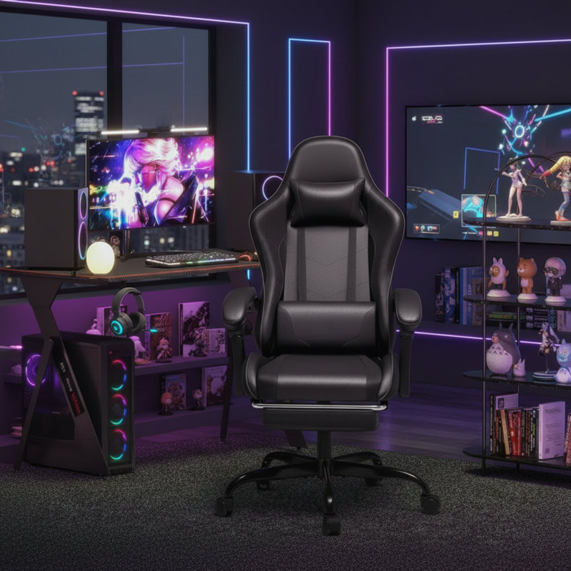 Deep Black Ergonomic Gaming Chair With Massage And Lumbar Support, Footrest And Headrest, Height Adjustable And Swivel.