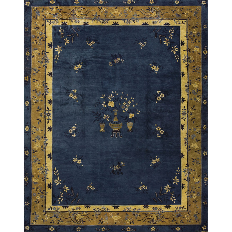 Antique Peking Chinese Floral Beige, Blue Navy 1920s Rug