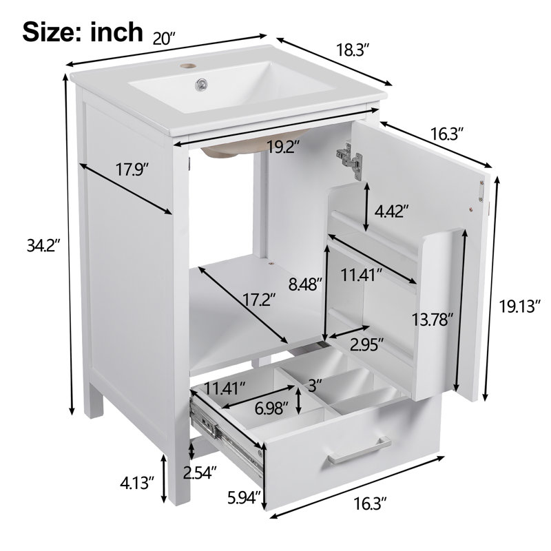 Meuble-lavabo de salle de bain moderne autoportant de 20 pouces avec lavabo en céramique, porte, organisateur double couche, tiroir séparateur, patins réglables