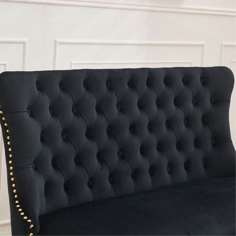 Velvet Double Dining Loveseat Bench, Kitchen & Dining Seating, 2-Seat Tufted Bench W/Handmade Buttons, Wing Back, Gold-Plated Steel Legs, Mid Century Modern