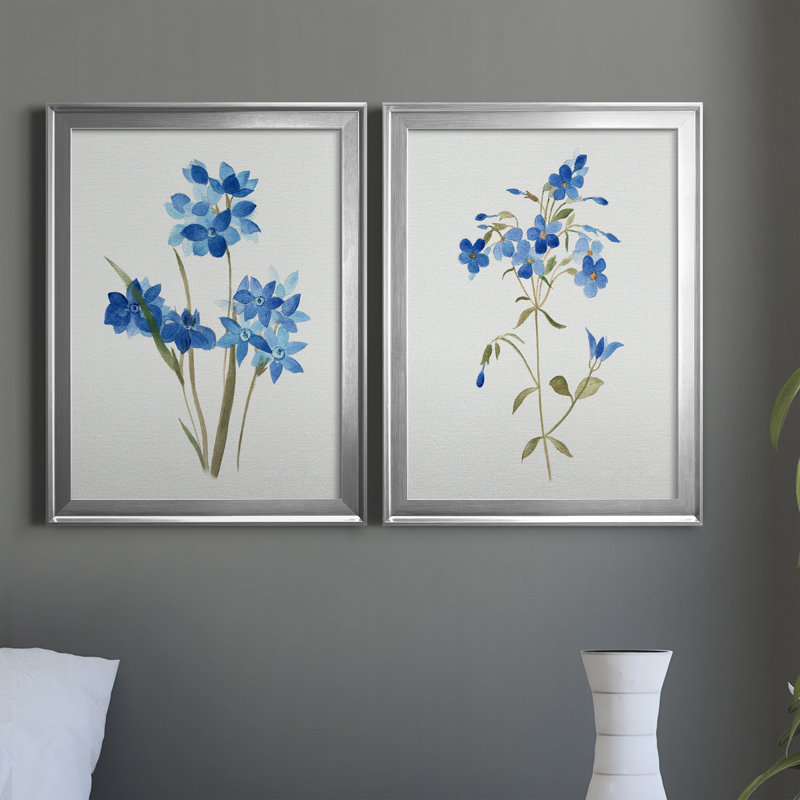 «Blue Blossom Botanical I», ensemble de 2 peintures sur toiles, H 22,5 po x l 61 po x P 1,5 po, Silver Framed Canvas