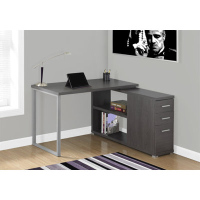 Bureau d'ordinateur, bureau personnel, coin, gauche, configuration à droite, tiroirs de rangement, forme en L, travail, ordinateur portable, stratifié gris, métal, contemporain, moderne