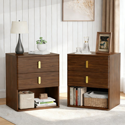 Modern Walnut Nightstand With 2 Drawers and Open Shelf