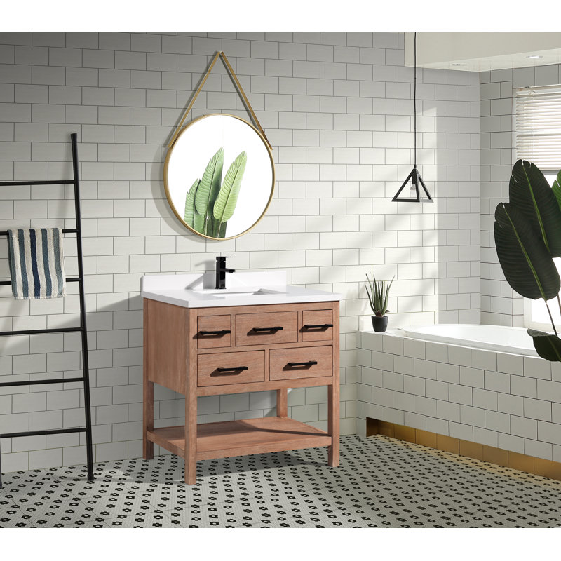 Weathered Brown 36" Solid Wood Farmhouse Vanity with Quartz Top