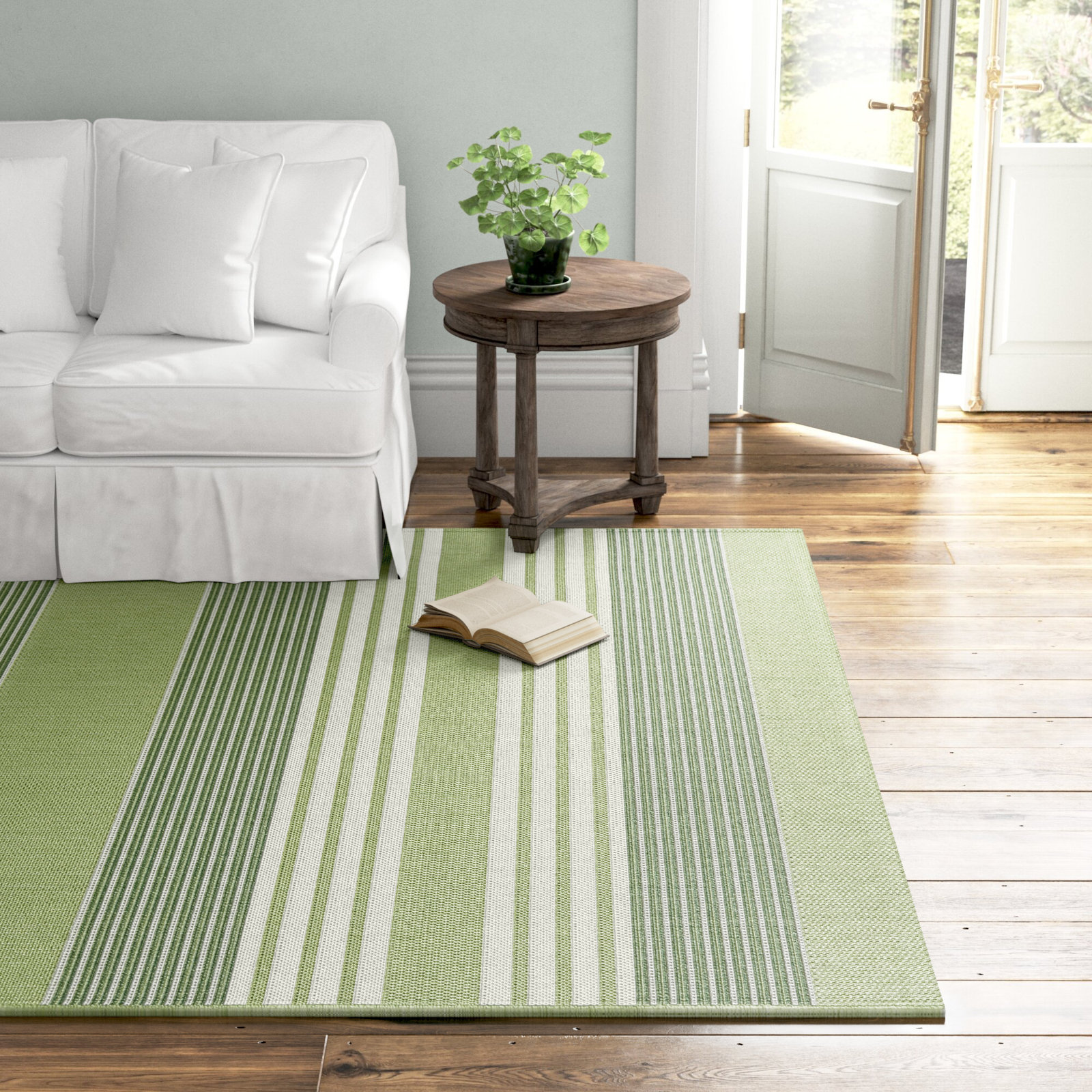 Danes Light Dark Green White Striped Rug, Rectangle 5'3" x 7'