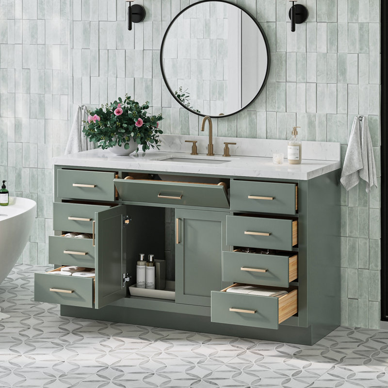 60" Single Sink Bathroom Vanity, Vintage Green, Satin Brass