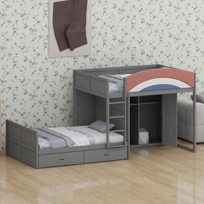 Lit superposé tout-en-un avec garde-robe, tiroirs et système de rangement suspendu