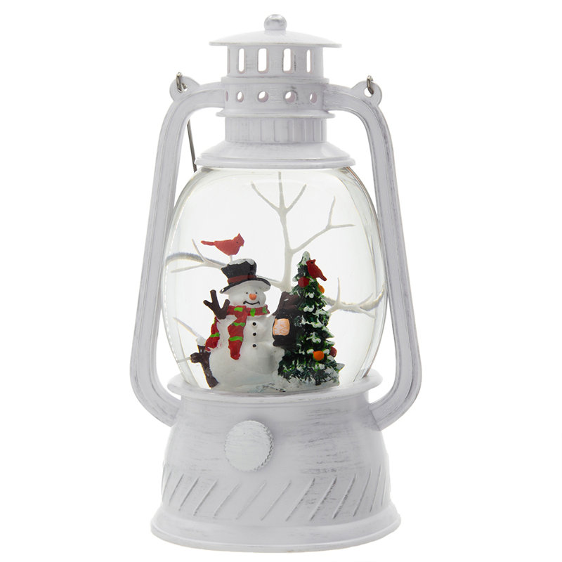 Lanterne globe de Noël en forme de bonhomme de neige avec lumière à DEL rotative avec minuterie de 6 heures, décoration de table en résine plastique blanche, 4,7 x 4,7 x 8,3 pouces