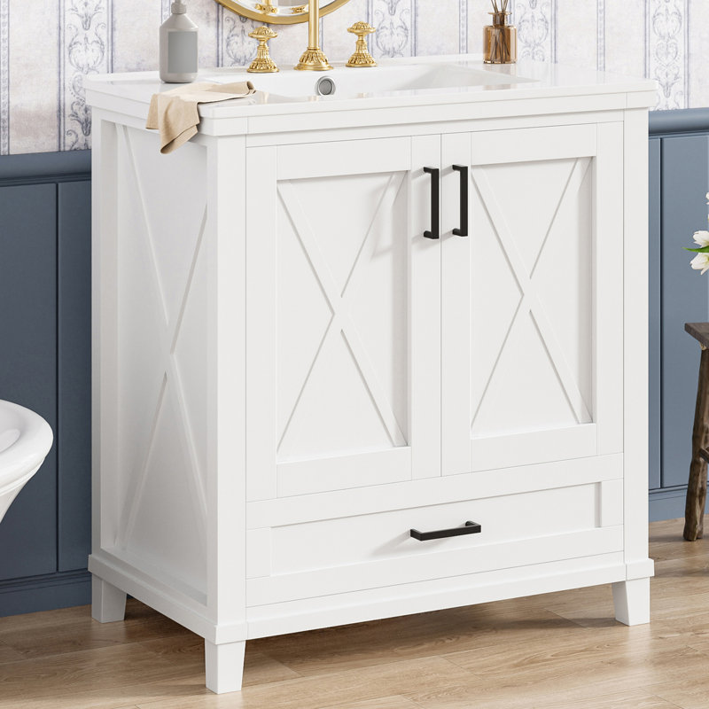 Meuble-lavabo autoportant de 30 po avec comptoir en céramique, Blanc