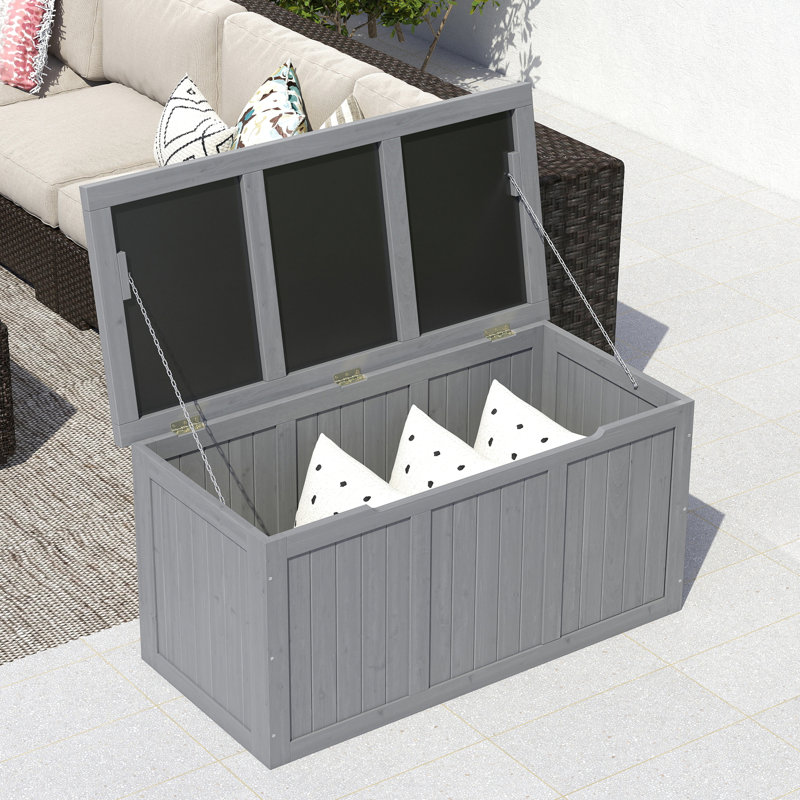 Outdoor 67 Gallon Solid Wood Deck Box With Dual - Purpose Seat And Table Top For Pool , Patio Cushions, Garden Tools, Grey, Practical Application Easy To Use