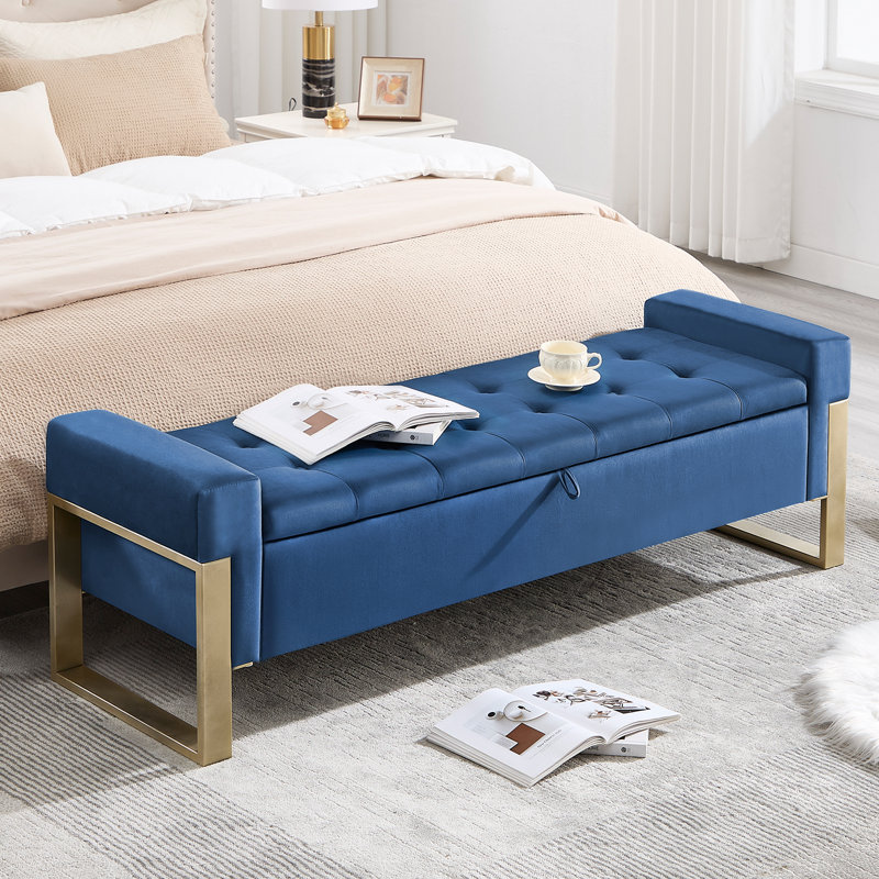 Banc de rangement rembourré avec pieds en métal, Bleu