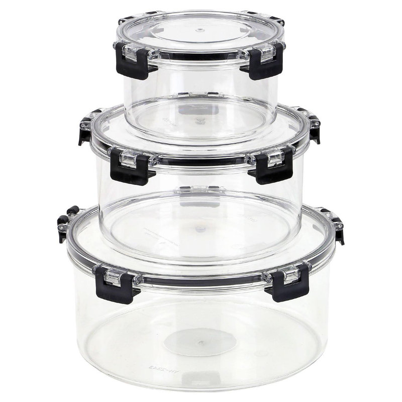 3-Piece Round Food Storage Container Set With Airtight Leakproof Lids – Plastic – Reusable & Stackable – Microwave & Freezer Safe – 550Ml, 1250Ml, 2350Ml Meal Prep & Lunch Box Containers