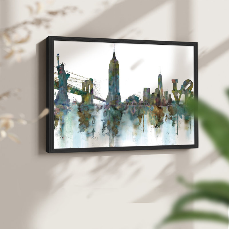 NY Skyline -Framed Print - Restickable, Black, 16" H x 20" W