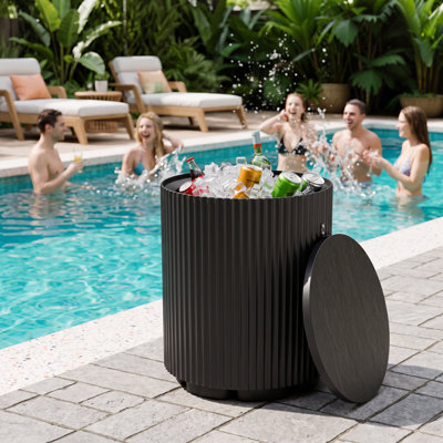 2-Piece Set 2-in-1 Outdoor Cooler Side Tables & Insulated Ice Buckets, Weather-Resistant Patio Beverage Bar with Smart Hook-On Lids & Vertical Stripe Design, Black