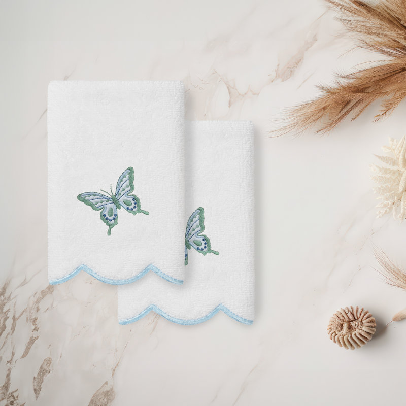 Linum Home Textiles 100% Turkish Cotton BRITNEY Scallop 2PC Embellished Fingertip Towel Set, White/Blue