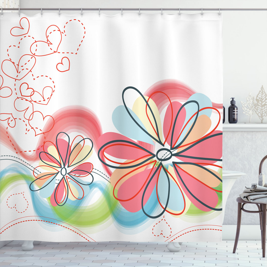 Cute Floral Haze Pattern with Heart Figures Love Spring Influences Art Work Shower Curtain Set East Urban Home 