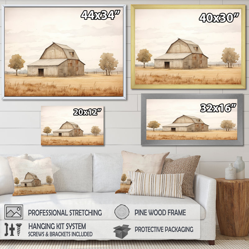 " Barn Scenery Minimalism Landscape I ", Black Picture Framed, 34" H x 44" W x 1.5" D