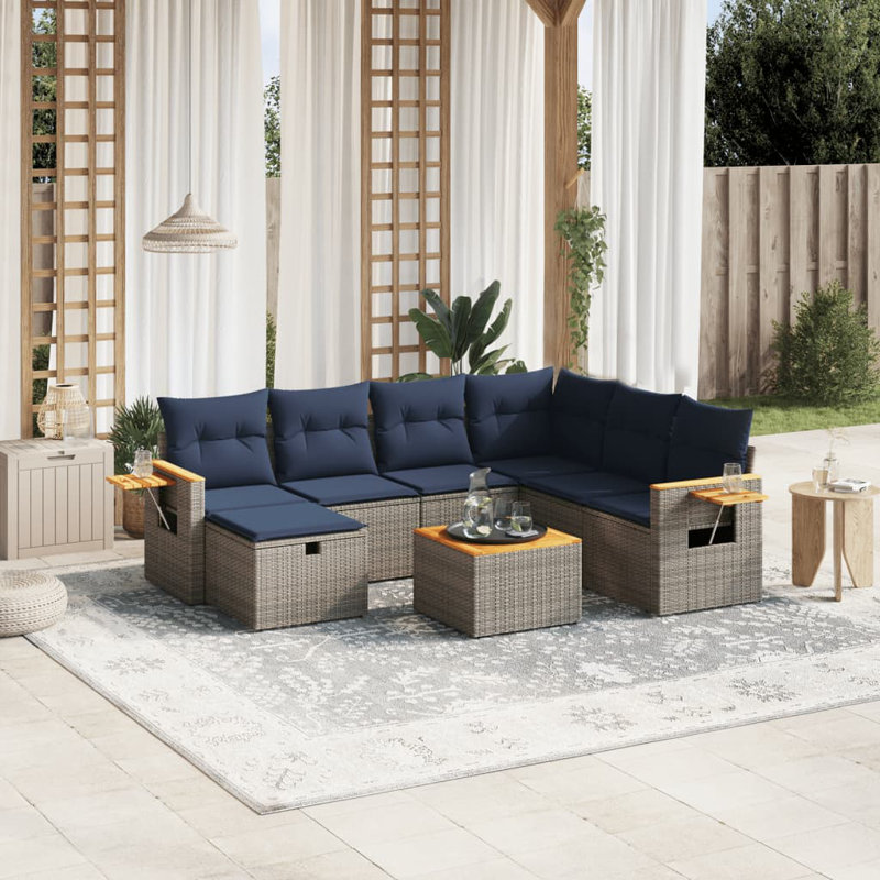 Ensemble de canapé de patio 8 pièces avec coussins en rotin de polyester, Gris, Marine