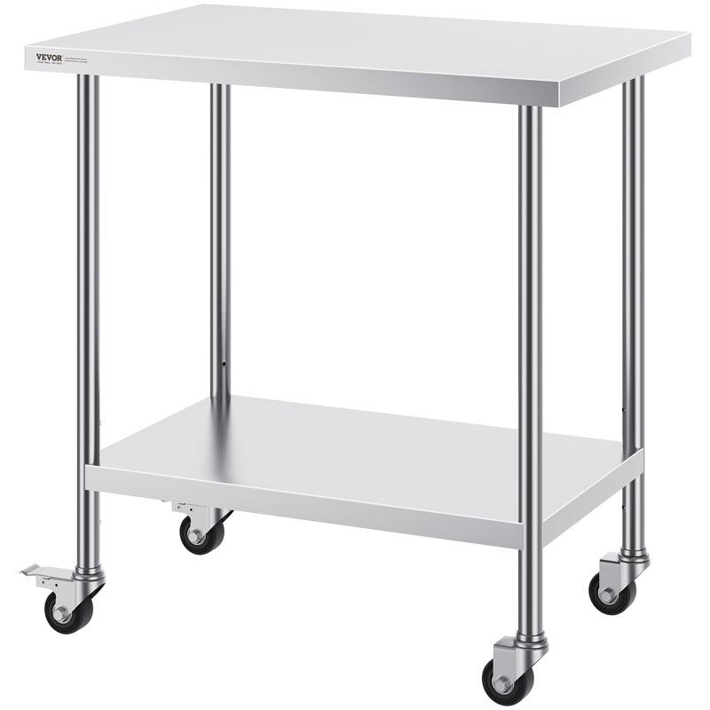 Table de travail en acier inoxydable, hauteur de 38 pouces, tablette réglable, roulettes incluses, 38" H x 36" W x 24" D
