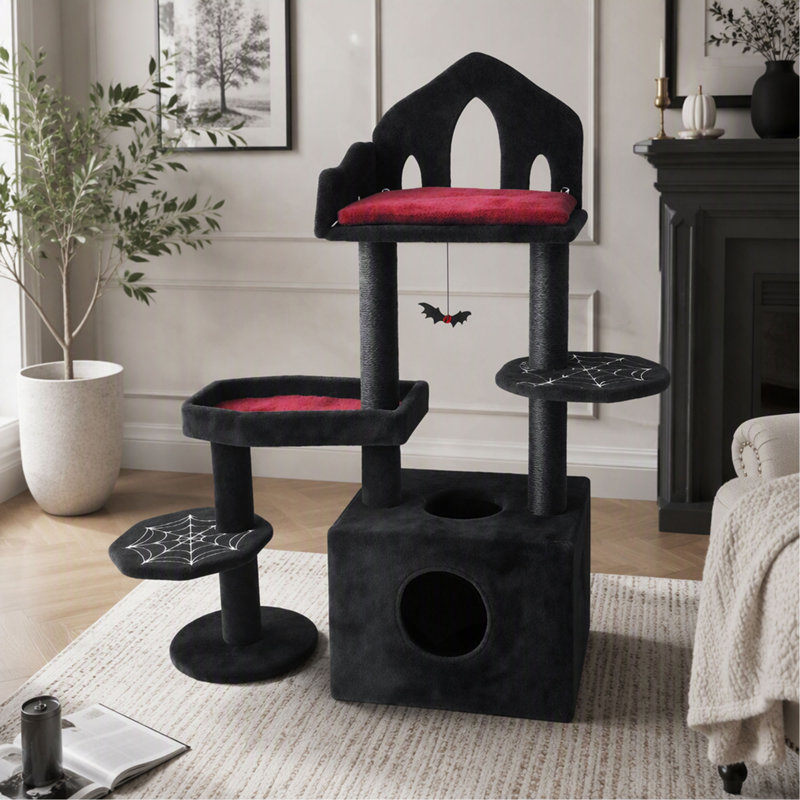 Arbre à chat, 113 cm, noir gothique, design effrayant à plusieurs niveaux avec griffoirs, perchoirs, hamac et grotte pour chat, jouet interactif, pour plusieurs chats