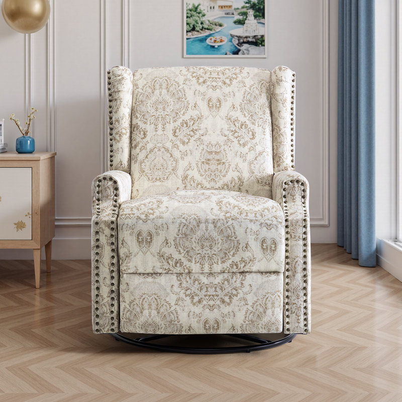 Upholstered Classic Wing Back Manual Handle Swivel Rock Glider Recliner with Naihead Trims, Beige