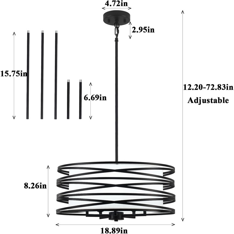 Lustre tambour Modern Farmhouse avec abat-jour blanc - luminaire suspendu 5 lumières pour salle à manger, îlot de cuisine, chambre à coucher, vestibule - hauteur réglable et plafond incliné compatible