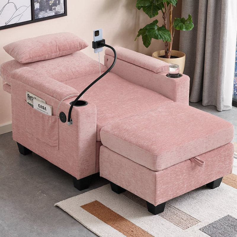 Canapé inclinable simple avec dossier réglable manuellement, port de charge USB sur le côté de l'accoudoir, support pour téléphone inclus, rangement caché pour l'accoudoir et repose-pieds de rangement assorti - rose