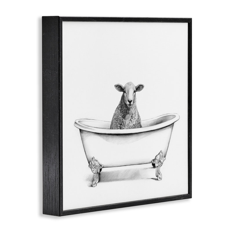 Mouton laineux dans la baignoire, Giclée encadrée noir minuit, H 17 po x l 17 po
