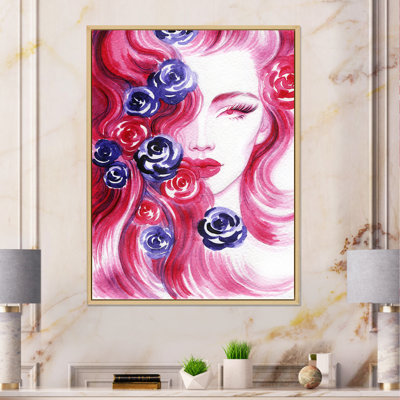 «Pink Floral Glam Woman Portrait», art mural sur toile glam