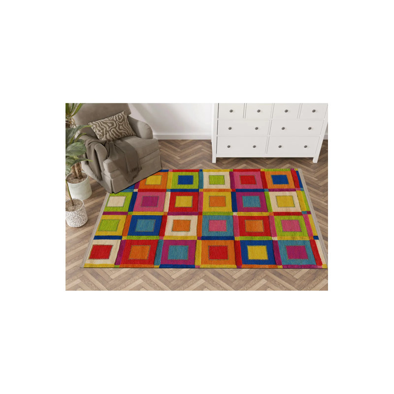 Multi-Colored Interlocking Square Patterned Modern Decorative Rug, Rectangle 4'11.06" x 9'10.11"