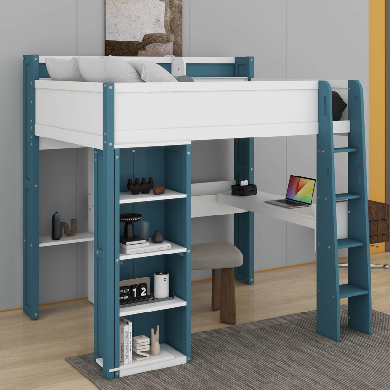 Lit mezzanine double en bois avec tablettes de rangement intégrées, portemanteaux et bureau, Blanc / Bleu
