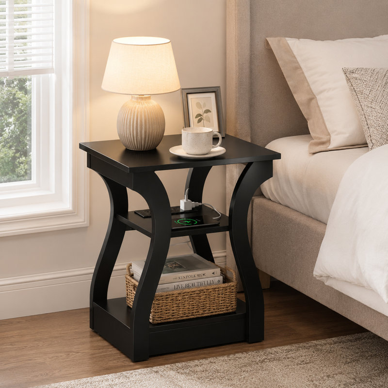 Table d'appoint avec station de recharge, ports USB et prises électriques, table de chevet pour chambre, tablette de rangement à 3 niveaux, table de nuit
