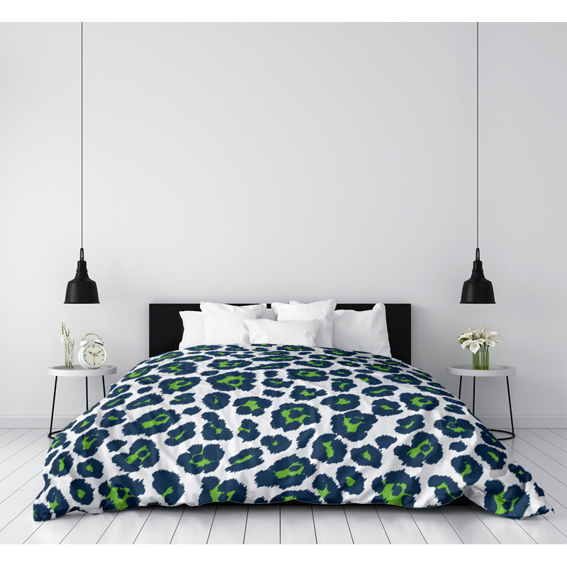 Housse de couette simple, Microfibre, Housse de couette pour très grand lit, Blanc / bleu marine / vert