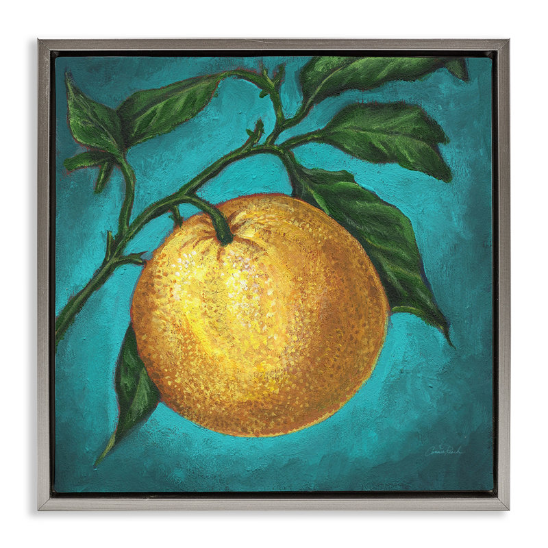 «Citrus Fruit on Branch», art mural sur toile flottante par Connie Resch, H 25 po x l 25 po, Cadre flottant noir de jais
