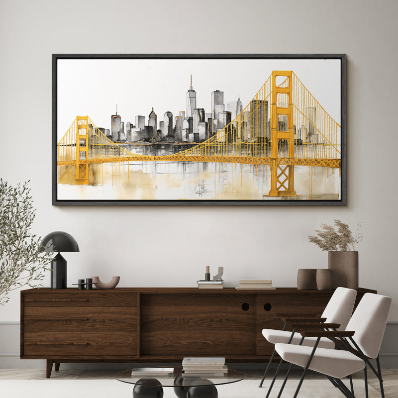 «Architecture Building Iconic Cityscape And Bridge Aquarelle», reproduction sur toile, H 30 po x l 60 po