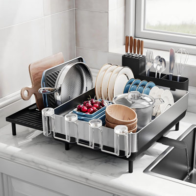 Grand égouttoir à vaisselle, égouttoirs à vaisselle extensibles pour comptoir de cuisine, égouttoir à cuisine peu encombrant en acier inoxydable 304, égouttoir très grand avec chevilles rabattables multifonctionnelles (noir et argent)