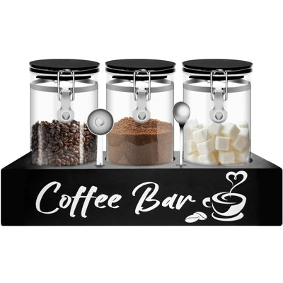 Glass Coffee Containers With Shelf Coffee Station Organizer 54Oz Black Glass Coffees Bean Storage Canister With Spoon Coffee Canister Set Kitchen Food Storage Jars For Coffee/Sugar/Candy