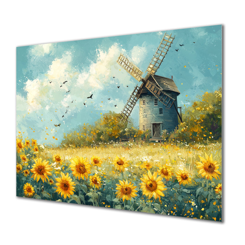 Tournesols au moulin à vent en été III - reproduction d'art traditionnelle en métal, art mural en métal tournesols