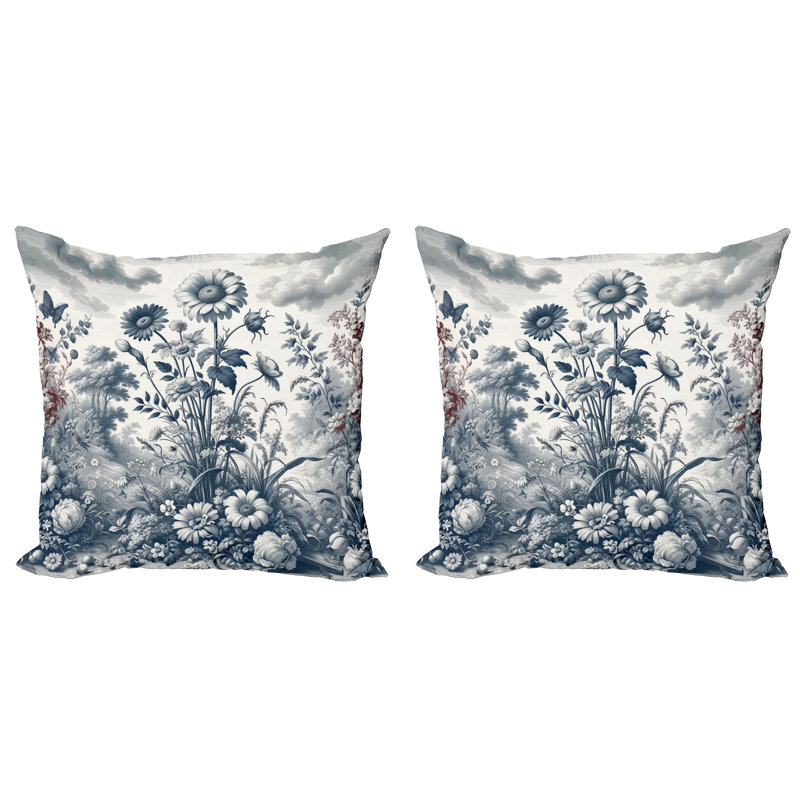 Slate Blue and Burgundy Floral Microfiber Reversible Throw Pillow Covers, Set of 2