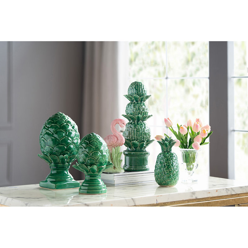 Sculpture artichaut en céramique verte 12 po, statue piédestal décorative pour manteau de cheminée, table, buffet ou centre de table 