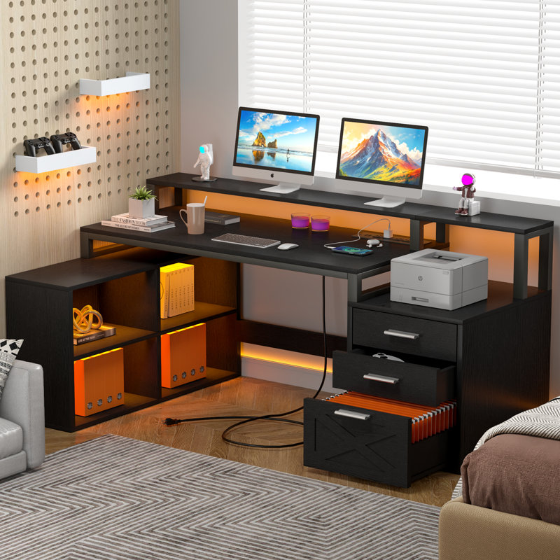 Ravleen 66'' W L-Shaped Computer Desk with Cube Shelves and Cabinet, Black