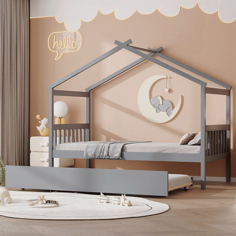 Lit simple en bois avec lit gigogne simple - gris, Twin, gris