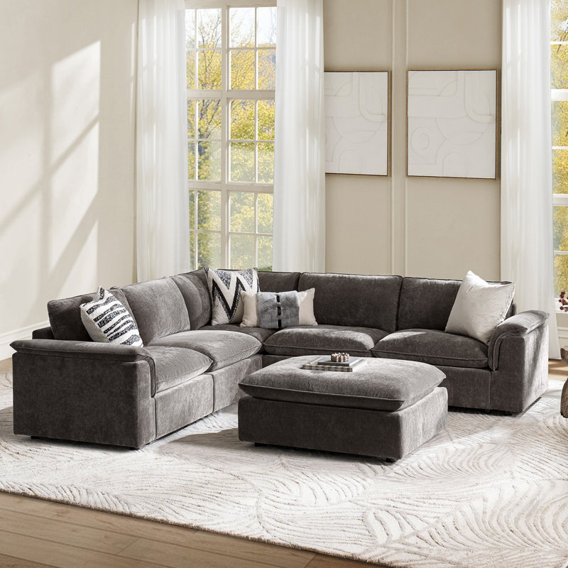 Cioffi 114"W Oversized L Shaped 6 Piece Down Blend Modular Cloud Sectional Sofa with Removable Cushion Cover, Gray Polyester
