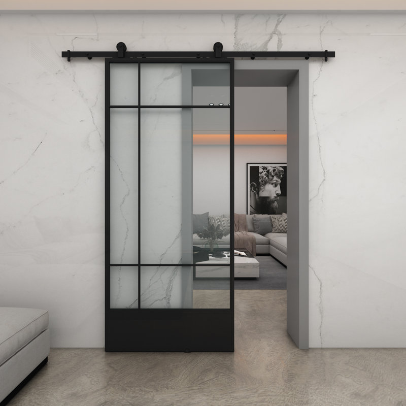 Bastille 37'' x 84'' Clear Glass Black Metal Sliding Barn Door