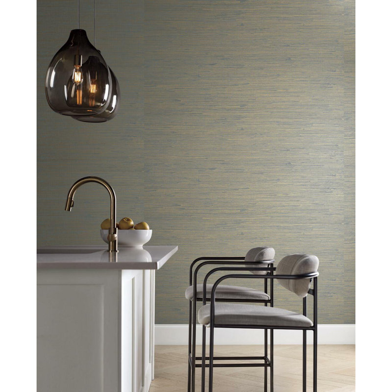 Grass Cloth Metallic Wallpaper Roll, Gold/Blue