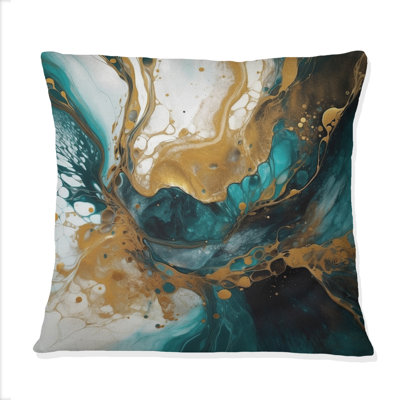 Turquoise And Gold Sculpting Space - Abstract Geometric Printed Throw Pillow