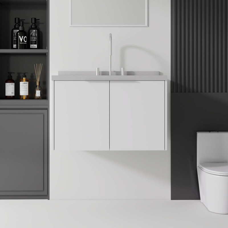 Meuble-lavabo flottant élégant avec portes à fermeture douce et comptoir en marbre de culture, Blanc