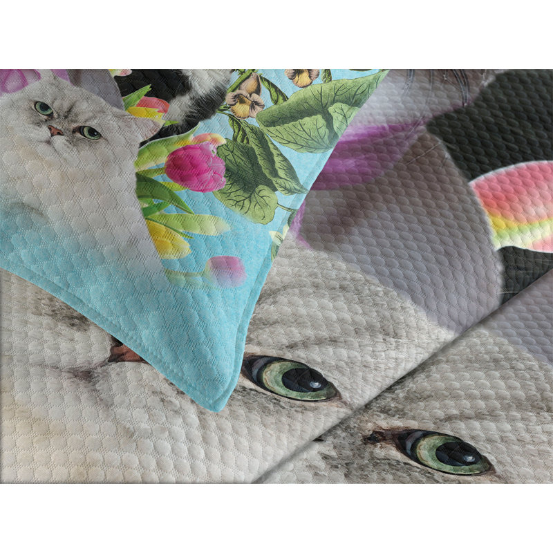 Queen White Quilted Cat Lover Bedspread Set
