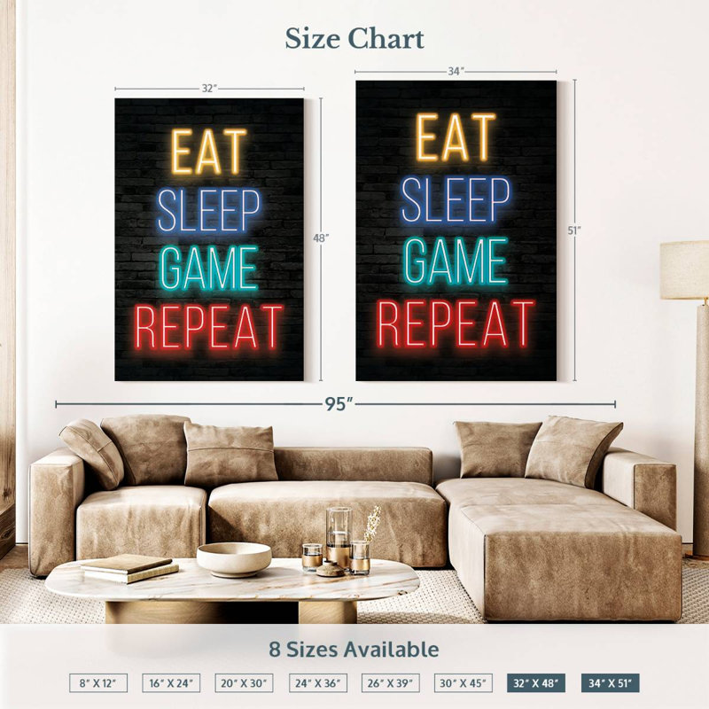 Neon Eat Sleep Game Répétition sur toile, H 48 po x l 32 po x P 1,25 po